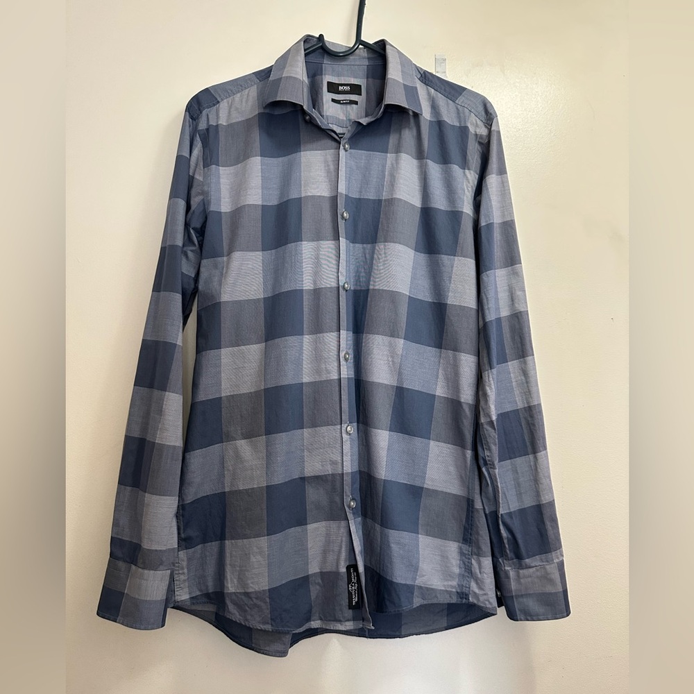 Hugo Boss Men’s Blue&Gray Plaid Slim Fit Long Sleeve Button Down Shirt Sz 15 1/2